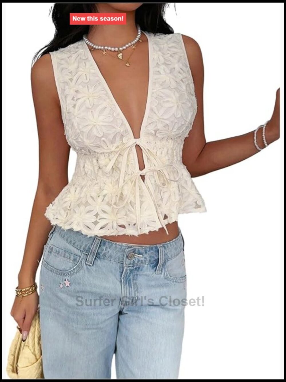 Sleeveless Tie Front Peplum Blouse with Floral Appliques Ruffle Hem